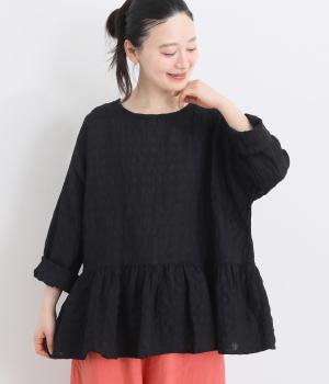 オリジナルギンガムチェック　ペプラムブラウス(ブラック-F)