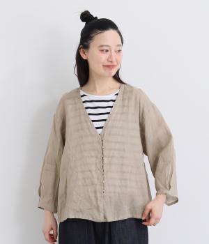 リネンキャンバス　Vネックシャツ(ベージュ-F)