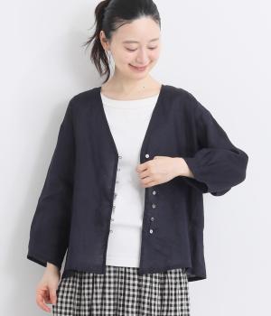 リネンキャンバス　Vネックシャツ(ネイビー-F)