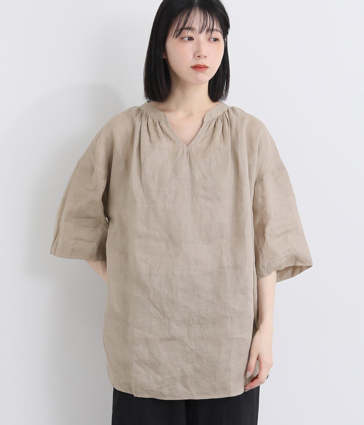 リネンキャンバス　スキッパーチュニック(ベージュ-F)