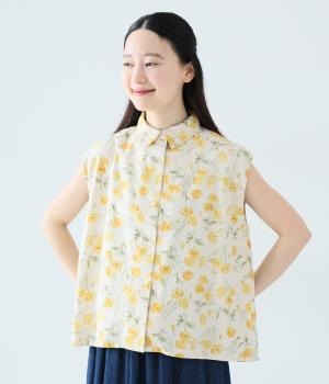コットンリネン　フラワープリントノースリーブシャツ(ナチュラル-F)
