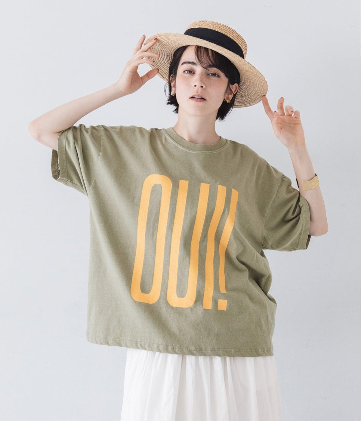 コットンピグメントTシャツ　OUI！NON！(カーキ-F)