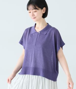 リネン混ニット　ポロシャツ(ネイビー-F)