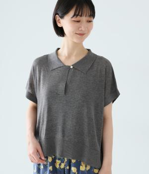 リネン混ニット　ポロシャツ(チャコール-F)