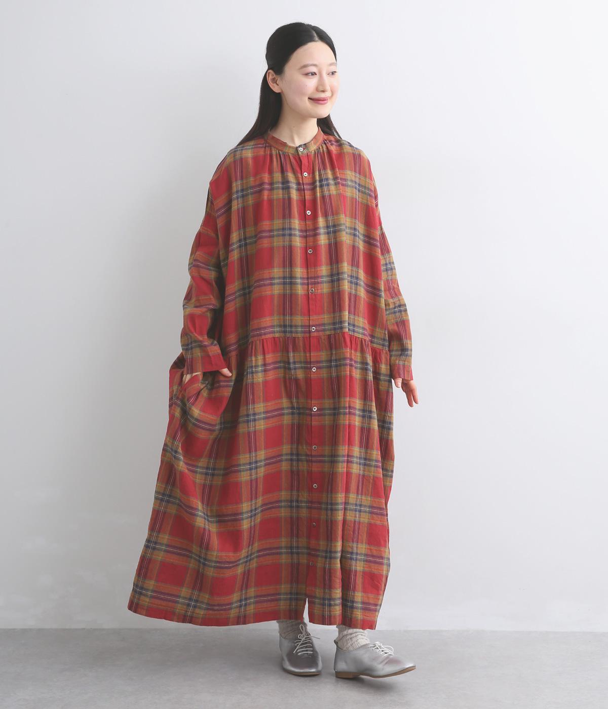 リネンコットンタータンチェックドレス(レッド-F)