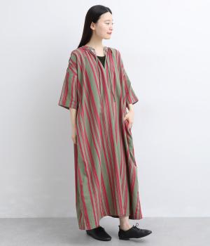 コットンリネンジャカードストライプドレス(カーキ×ピンク-F)