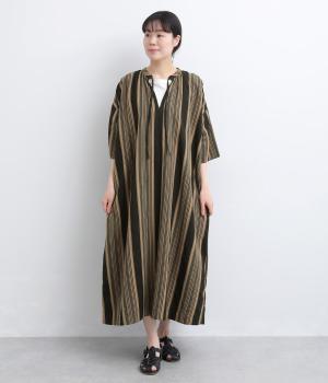 コットンリネンジャカードストライプドレス(ブラック×ベージュ-F)