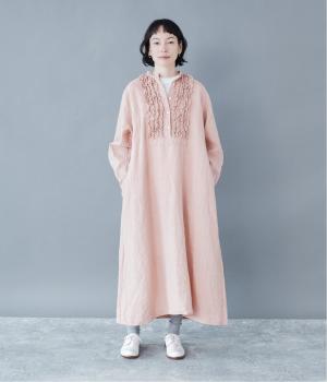 フレンチリネン　フリルワンピース(ピンク-F)