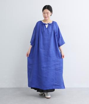 フレンチリネン　スモックワンピース(ブルー-F)