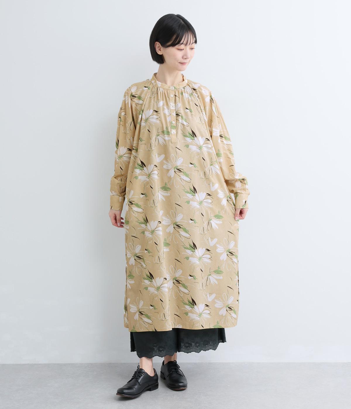 プリント　ギャザーヘンリーワンピース(フラワー-F)