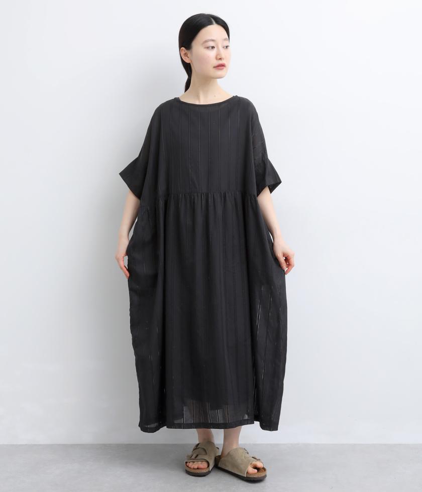 カラミストライプ　シアーコットンギャザーワンピース