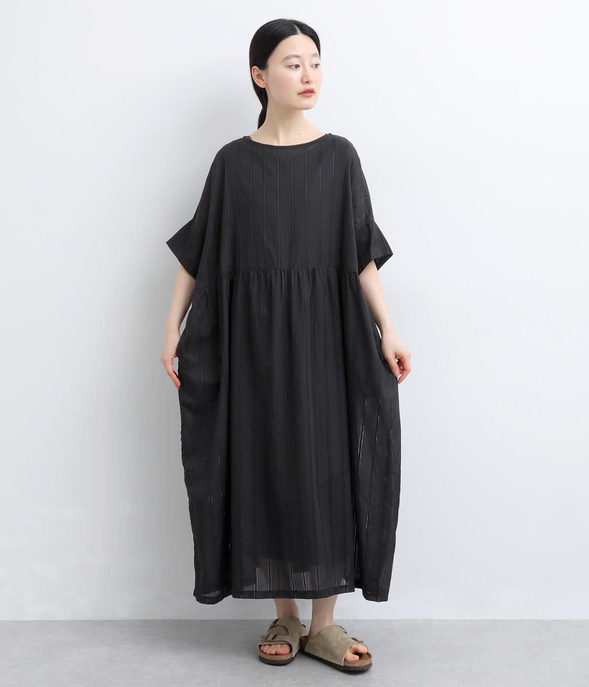 カラミストライプ　シアーコットンギャザーワンピース(ブラック-F)