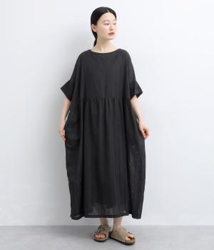 カラミストライプ　シアーコットンギャザーワンピース(ブラック-F)