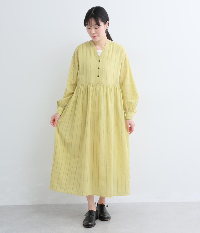 コットンリネン　ストライプギャザーワンピース