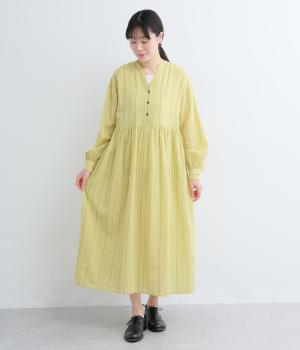 コットンリネン　ストライプギャザーワンピース