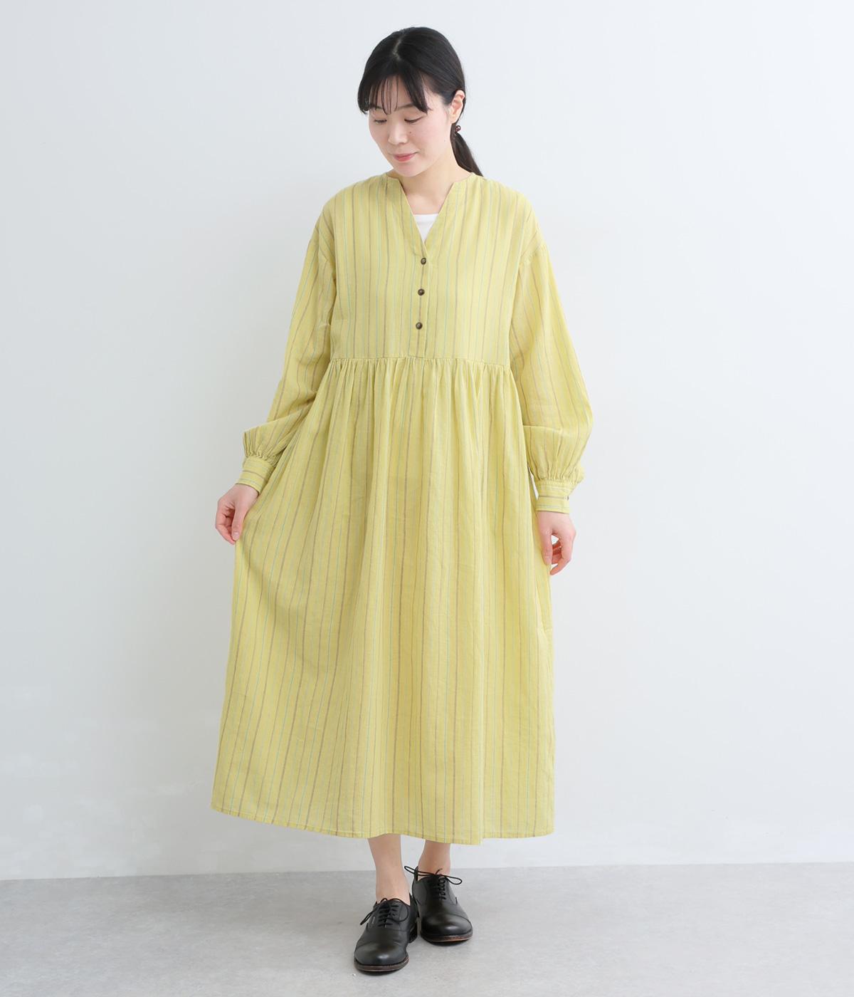 コットンリネン　ストライプギャザーワンピース(イエロー-F)