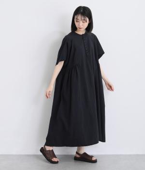 コットンリネン　ギャザーワンピース(ブラック-F)