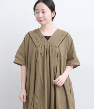 ラメレースつき　コットンピンタックワンピース(モカ-F)