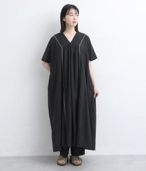 ラメレースつき　コットンピンタックワンピース(ブラック-F)