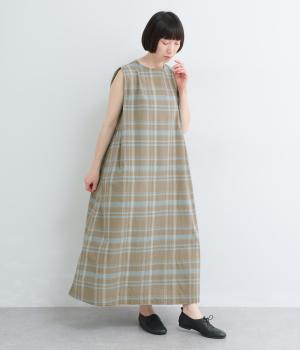 コットンチェック　ノースリーブワンピース(ブルーチェック-F)