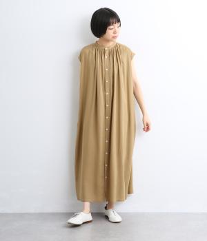 レーヨンリネン　ピンタックノースリーブワンピース(ベージュ-F)