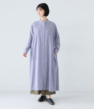 コットンリネン　フレアワンピース(ブルーストライプ-F)