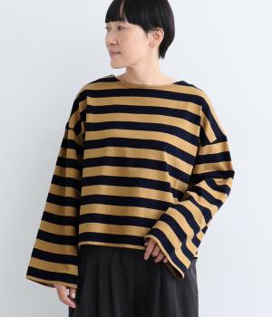 コットンワイドスリーブボーダープルオーバー（ネイビー×モカ・F）