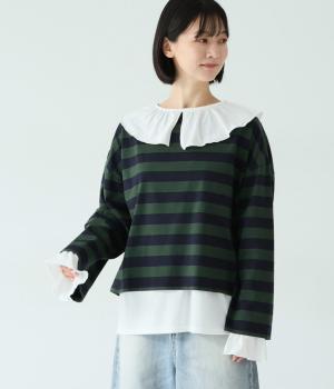 【9月中旬発売予定】コットンワイドスリーブボーダープルオーバー(ネイビー×グリーン-F)
