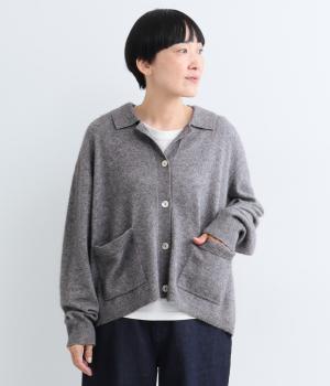ラクーン襟付きニットカーディガン（グレー・F）