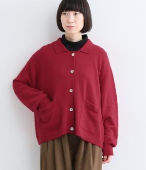 ラクーン襟付きニットカーディガン（レッド・F）