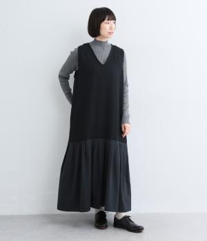 ウールガーゼ　コットンクロスノースリーブワンピース（ブラック・F）