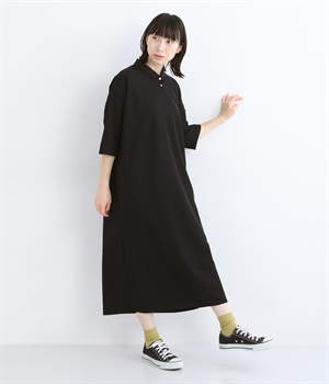 ハニカムコットンチビ襟ポロワンピース(ブラック2-ONESIZE)