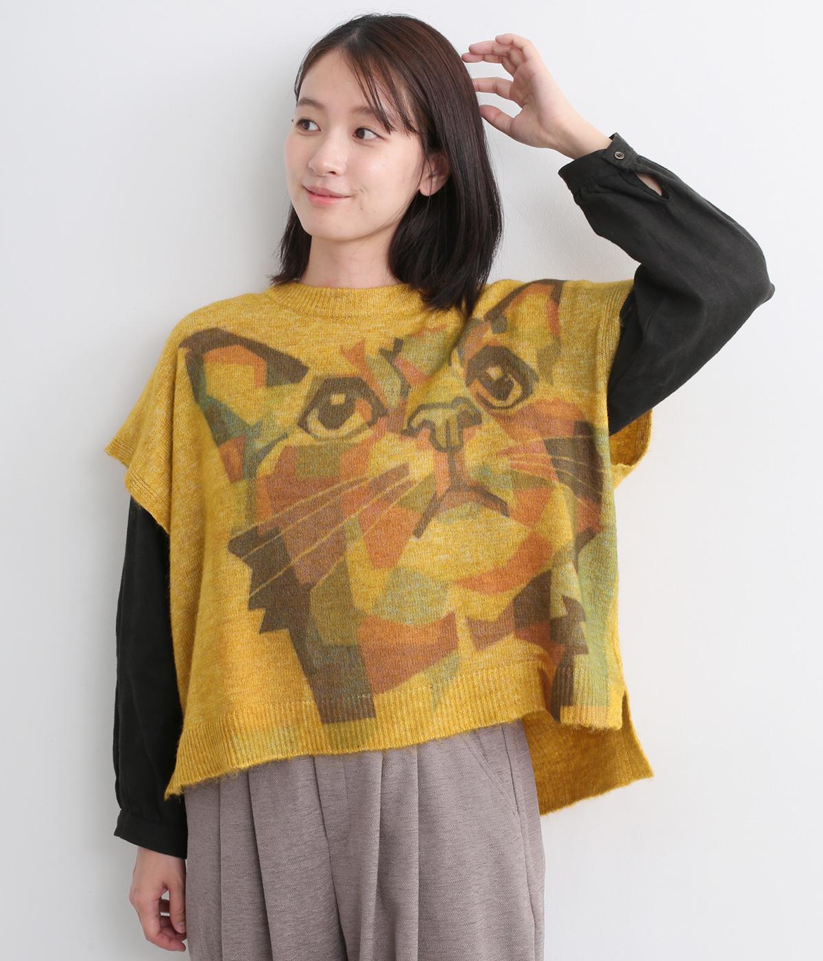 ニットねこプリントベスト(マスタード-F)