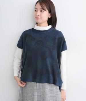 ニットねこプリントベスト(ネイビー-F)