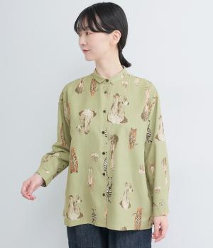 ピーチスキンアニマル総柄シャツ(カーキ-F)