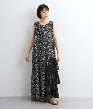 花柄ドットフリル切替えワンピース(ネイビー×ブラック-F)