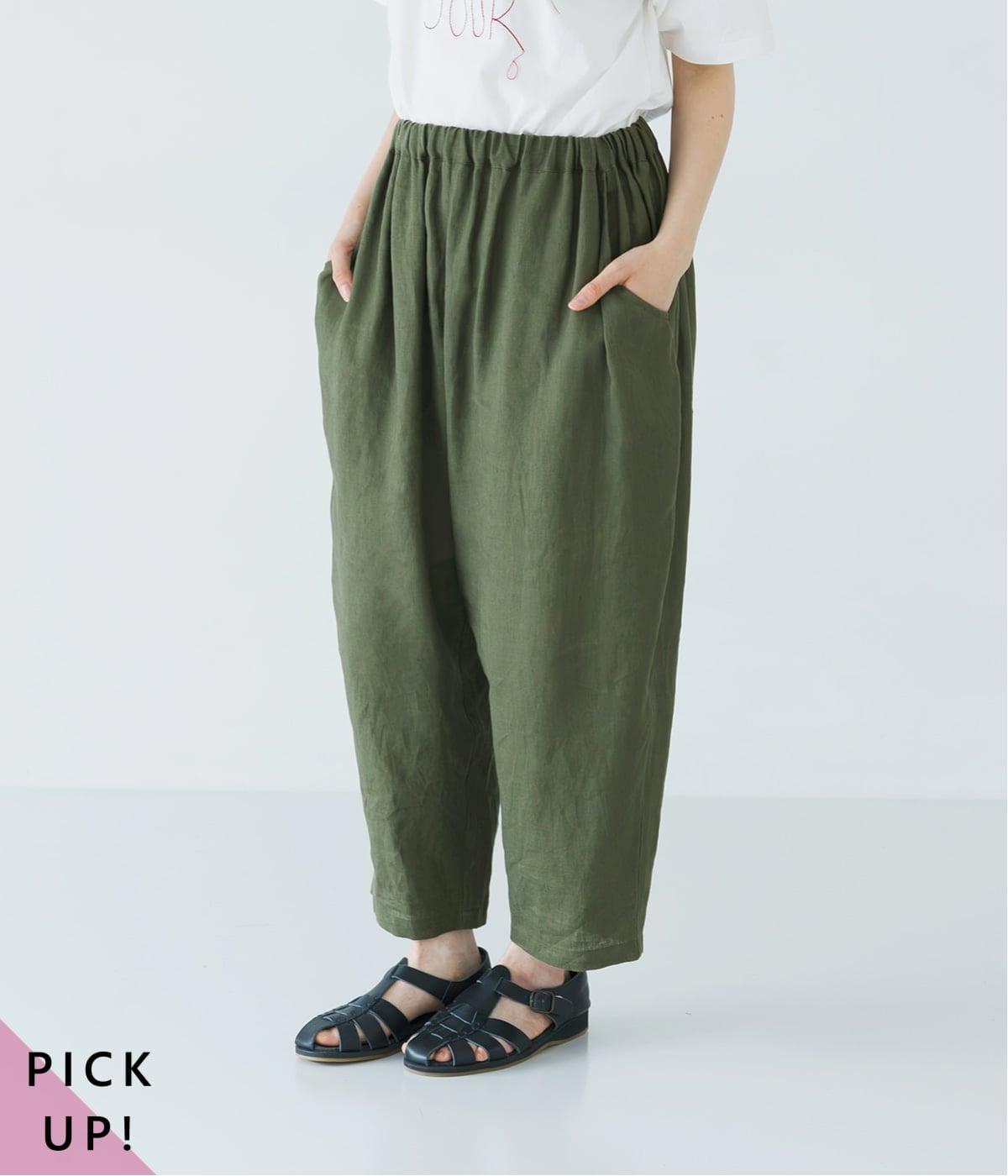 着丈選べる　平織リネンよくばりパンツ(カーキ-F)