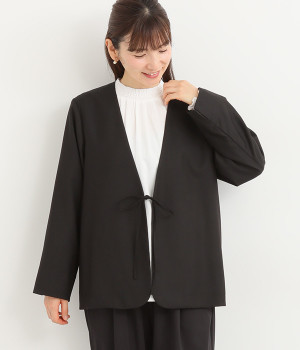 ポリエステル×レーヨンクリアーツイル前リボン結びジャケット(ブラック-ONESIZE)