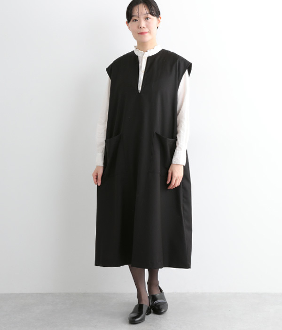 ポリエステルレーヨンツイル前スキッパージャンスカ(ブラック-ONESIZE)