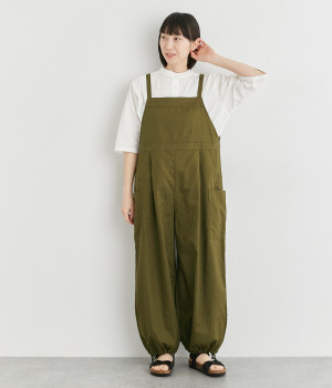 コットンリネンムラ糸サージ裾絞りサロペット(カーキ-ONESIZE)