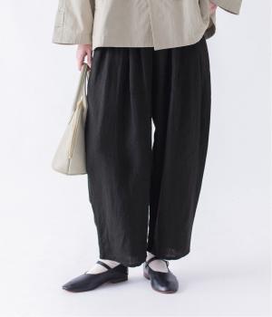 フレンチリネンキャンバスウエスト総ゴムタックパンツ(ブラック-F)