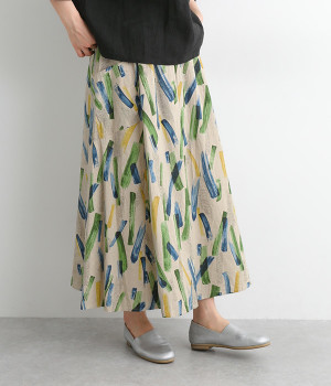 コットンリネンシーチングプリントウエストリネンゴムスカート(ナチュラル-ONESIZE)