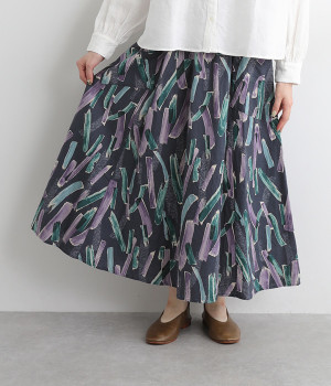 コットンリネンシーチングプリントウエストリネンゴムスカート(ブルー-ONESIZE)