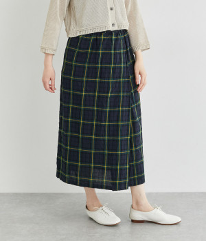 コットンリネンタータンチェックラップ風紐付きスカート(ブラックウォッチ-ONESIZE)