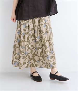 リネンコットンシーチングプリントフロントサイドタックスカート(カーキ-ONESIZE)