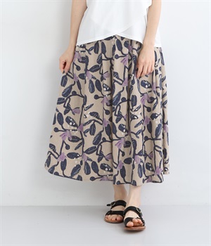 リネンコットンシーチングプリントフロントサイドタックスカート(ネイビー-ONESIZE)