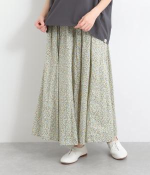 リバティプリントオーガニックコットンローンウエストゴムマチ入りタックスカート(グリーン-ONESIZE)