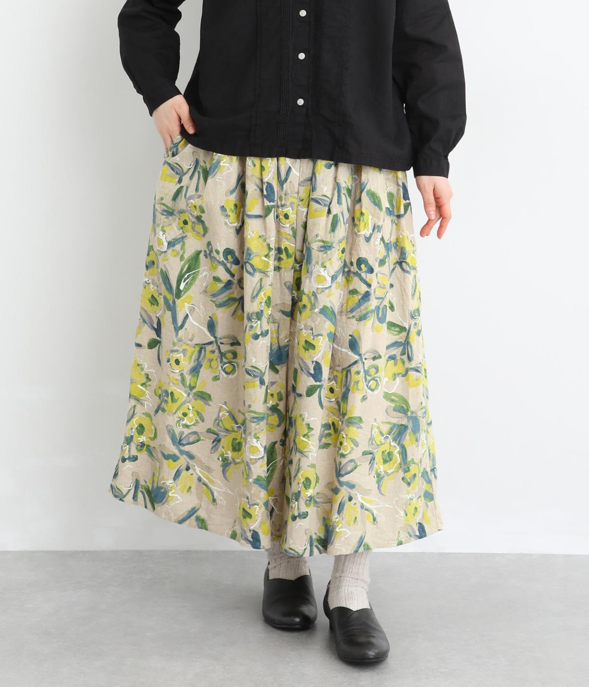 リネンコットンプリントスカート(ナチュラル×イエロー-F)
