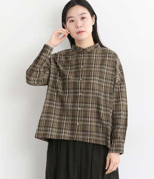 マドラスチェック四角ボタンブラウス(ブラウン/ネイビー-ONESIZE)