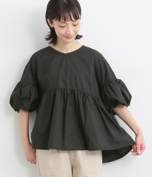 コットンタイプライターヴィンテージワッシャーバルーンスリーブブラウス(ブラック-ONESIZE)